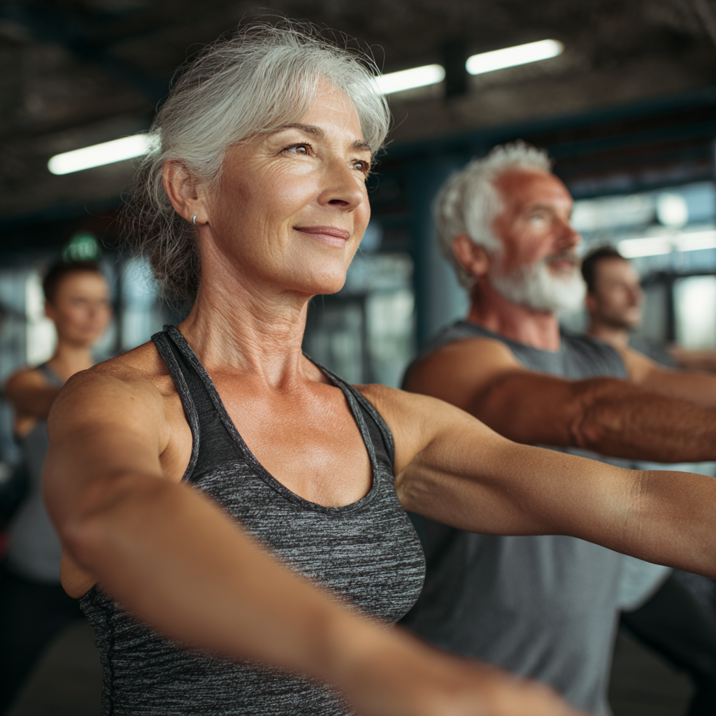 mature adults exercising together in fitness studio